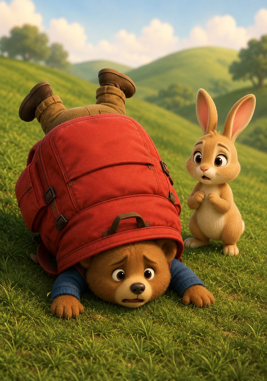 Oliver tried to make his way home, but the overwhelming weight of the backpack made his knees wobble and shake. With a sudden slump, he tumbled right into the soft green grass of a hill, pinned down like a turtle unable to get back up.