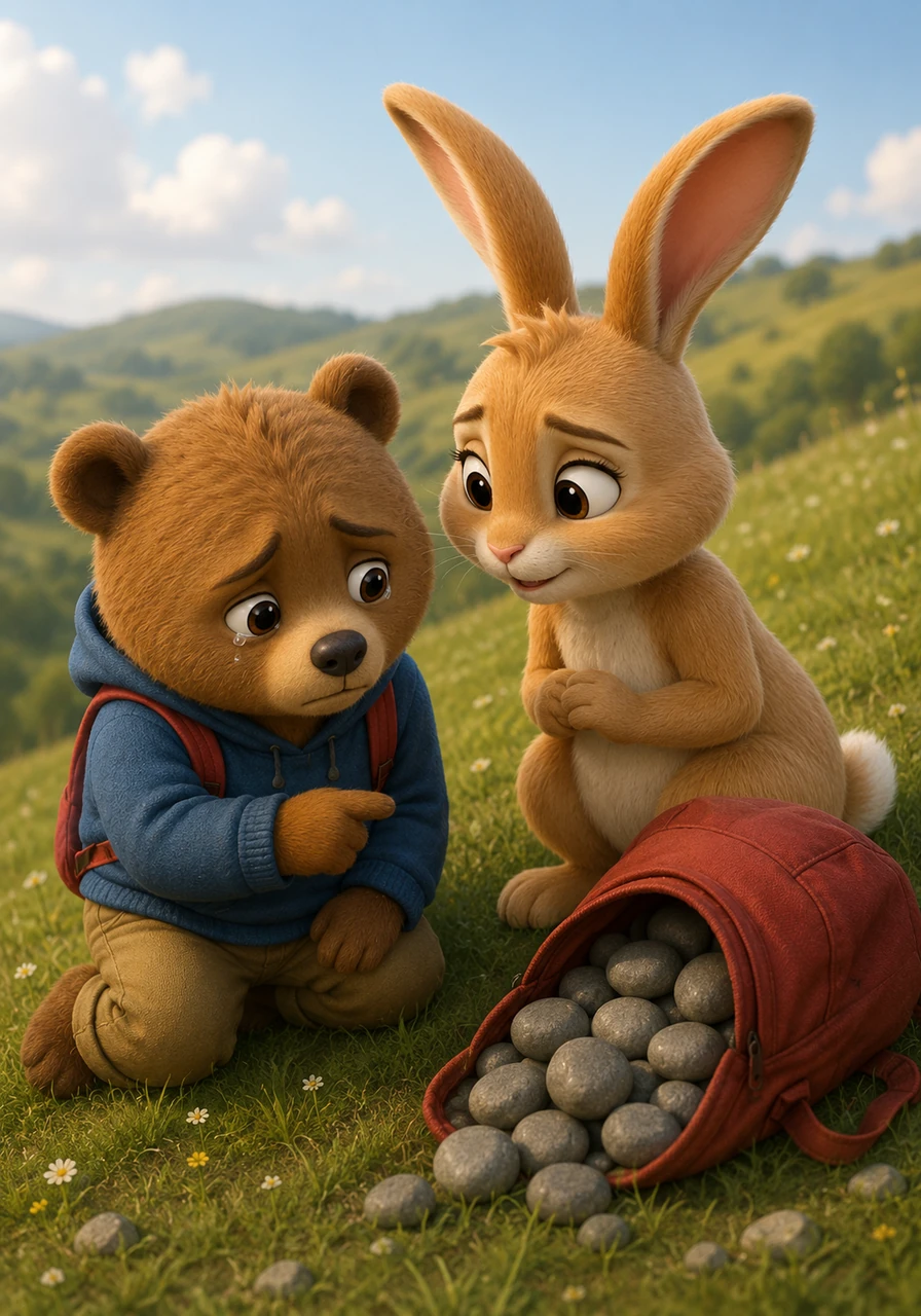 Mia the Rabbit quickly hopped over to the hillside, looking down at her friend with deep concern in her eyes. She gently asked why his bag had grown so heavy, causing Oliver to sniffle and confess that it was filled with his secret worry-stones.