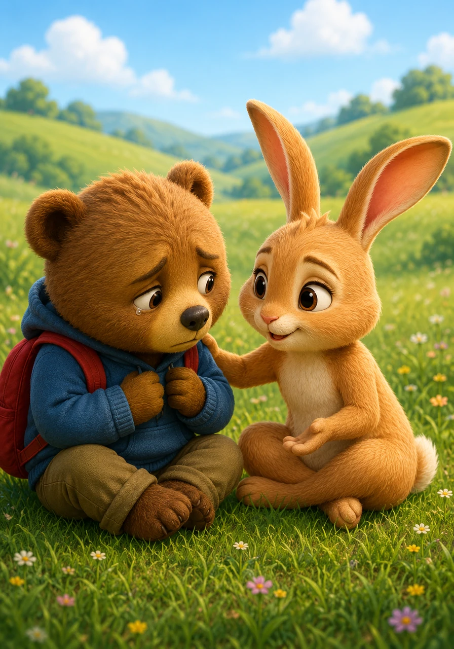 Mia sat down cross-legged in the grass and offered a warm, comforting smile to the upset little bear. She softly reminded him that he didn't have to carry his heavy burdens all by himself, asking him to share just the very first worry inside.