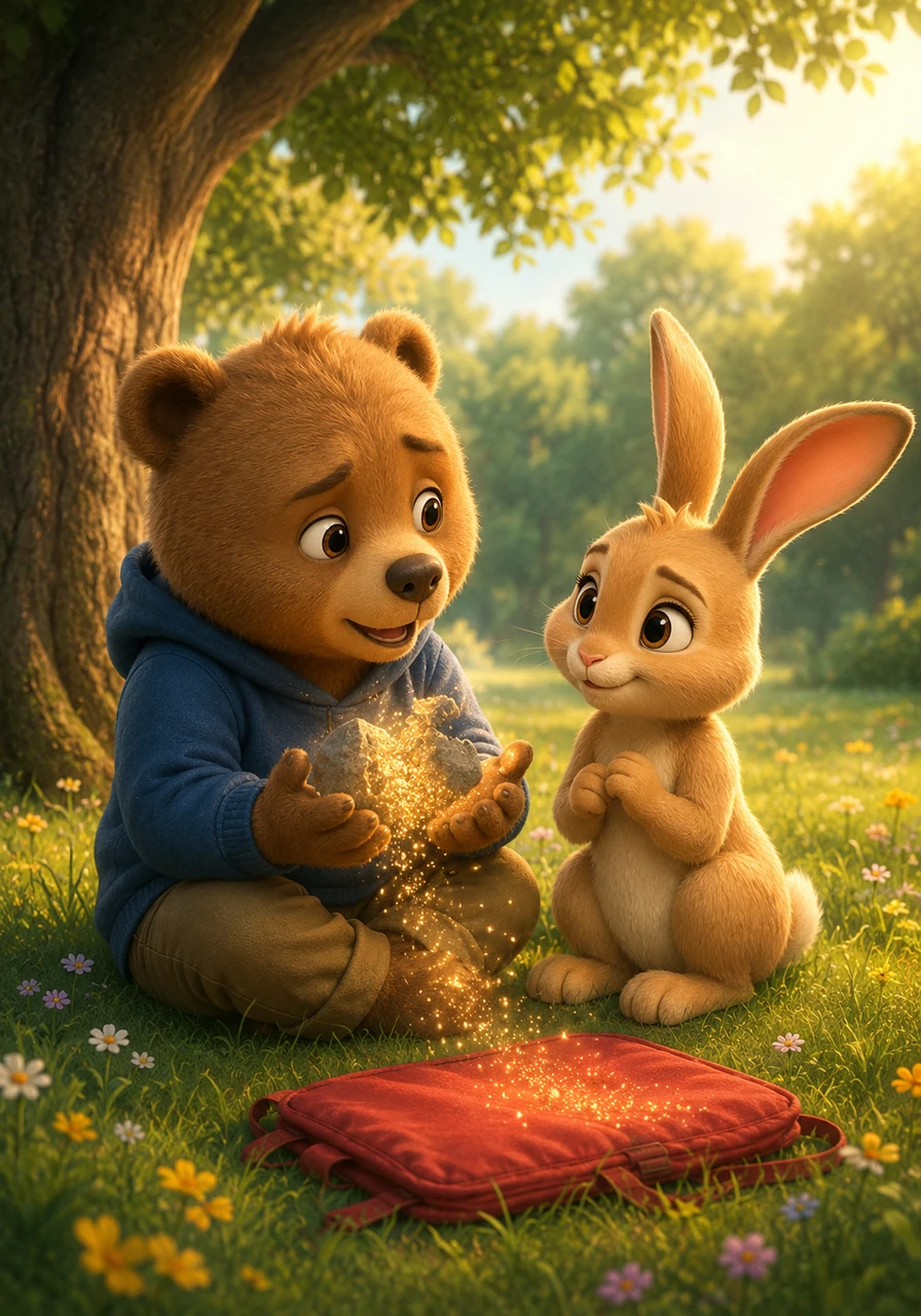 One by one, Oliver opened up and shared each of his hidden worries with Mia as they sat together in the afternoon sun. With every single secret told, another heavy stone dissolved into sparkles until the red backpack lay completely flat and light as air.