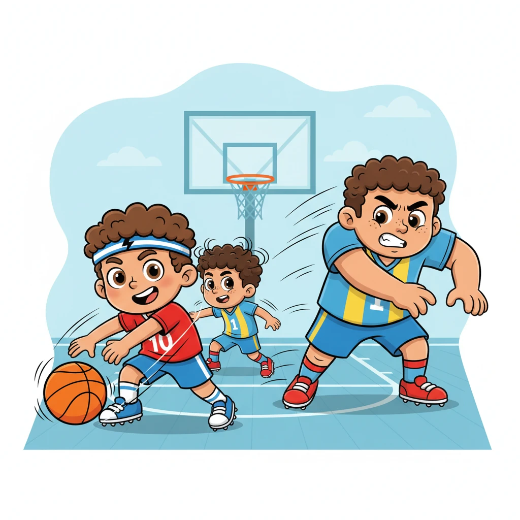 With lightning speed, Marcus executed a dazzling crossover dribble, leaving one defender spinning in his wake. But the formidable Brock, star player of the Crestwood Cobras, loomed large, closing in rapidly. Marcus faked a powerful drive towards the hoop.