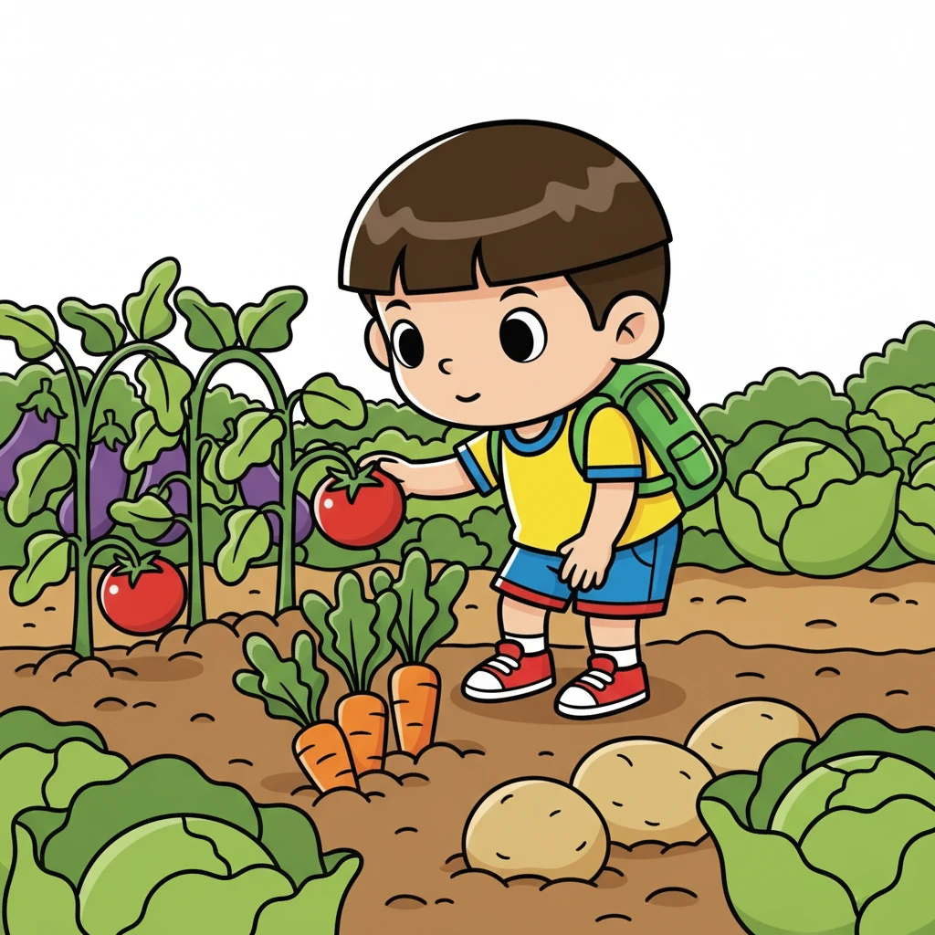 小明来到了菜园，这里生长着各种各样的蔬菜。他看到了鲜红的西红柿，翠绿的胡萝卜，还有圆滚滚的土豆。他好奇地用手触摸着这些蔬菜，感受着它们的质地和形状。