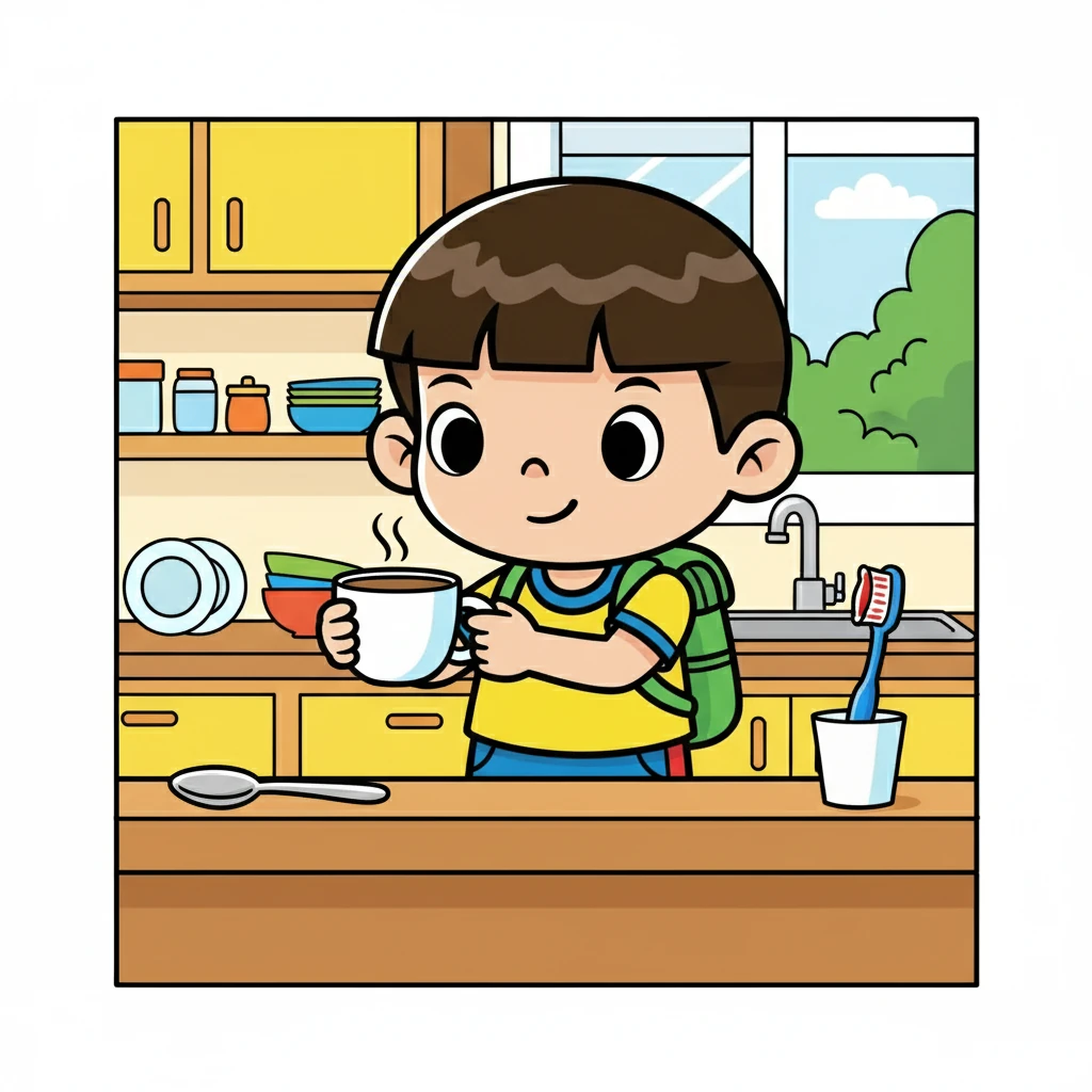 小明来到了厨房，看到了各种各样的日常用品。他拿起一个杯子，仔细观察着它的形状。然后，他拿起一把勺子，想象着用它来舀起美味的食物。最后，他看到了牙刷，知道要用它来清洁牙齿。