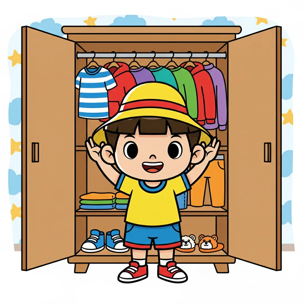小明打开衣柜，看到了各种各样的衣物。他看到了不同颜色的上衣，各式各样的裤子，还有一双可爱的鞋子。他拿起一顶帽子，戴在头上，开心地笑着。