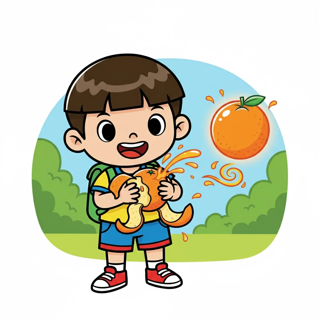 小明拿着一个橙子，剥开它，汁水四溅。他开心地吃着橙子，感受着酸甜的味道。他认识了橙子的颜色和味道，并且记住了它的名字。