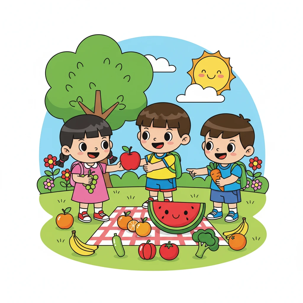 小明和小伙伴们一起玩耍，他们互相分享着水果和蔬菜。他们一起认识了更多的物品，并且开心地笑着。小明知道，学习是一件多么快乐的事情。