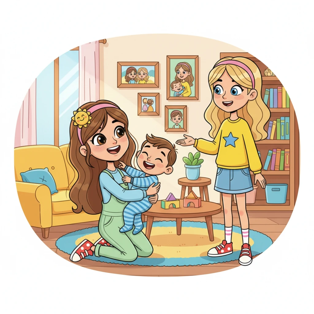 Francesca, a tall, slender girl with long brown hair and sparkling brown eyes, giggles with her little brother Leo in their lively Santa Venera home. Their big sister Stacy smiles nearby, surrounded by warm, bright furniture and playful family photos on the wall. The scene is full of bright, inviting colors, showing their happy family life.