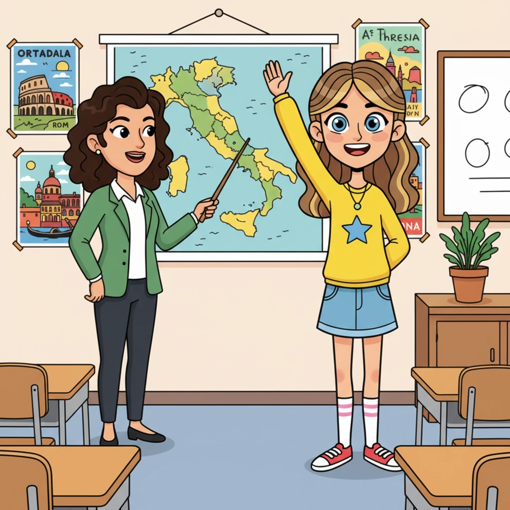 In her vibrant St. Theresa Middle School classroom, Francesca's eyes are wide with excitement as her Italian teacher points to a map of Italy. Colorful posters of Rome and Venice adorn the walls, and Francesca eagerly raises her hand, a joyful expression on her face, eager to share her knowledge.