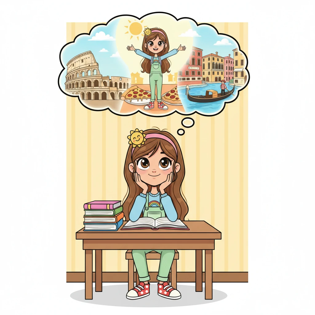 Francesca sits at her desk, a textbook open, but her mind is clearly elsewhere. Above her head, a whimsical thought bubble shows a cartoon version of her exploring the Colosseum, savoring a slice of pizza, and gliding in a gondola through Venetian canals, all rendered in bright, dreamy hues.