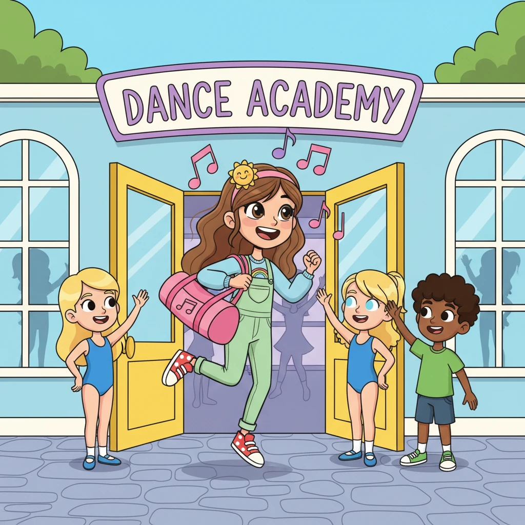 With a skip in her step, Francesca arrives at her bustling dance studio, its doors painted a cheerful yellow. She carries her dance bag, her silhouette dynamic and full of energy, ready to transform into her dancer self as other cartoon students greet her with friendly waves.