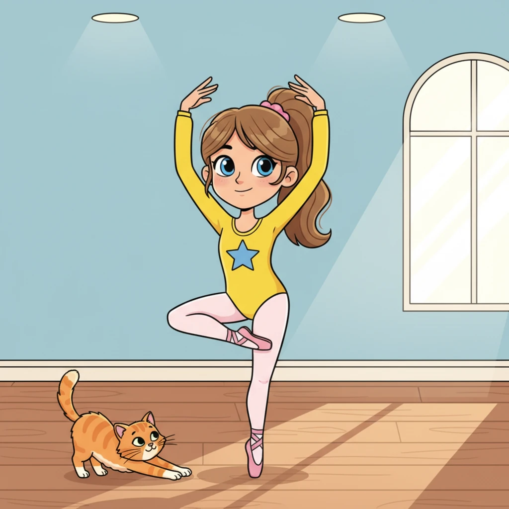 Inside the studio, Francesca gracefully performs a ballet pose, her long hair tied back neatly. The wooden floor gleams under the bright studio lights, and her form is light and elegant, captured with fluid lines and a sense of effortless motion. A playful cat stretches in the corner, adding a whimsical touch.