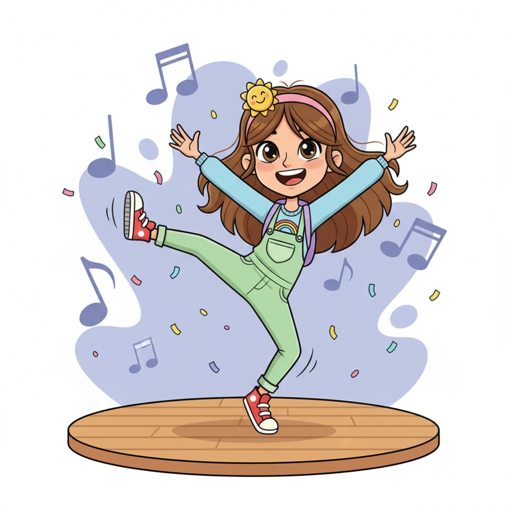 The music shifts, and Francesca bursts into a dynamic jazz routine, her movements sharp, expressive, and full of pizzazz. Her arms are flung wide, and her legs kick high in an exaggerated, joyful pose, showcasing her versatility and the sheer fun she has while dancing.