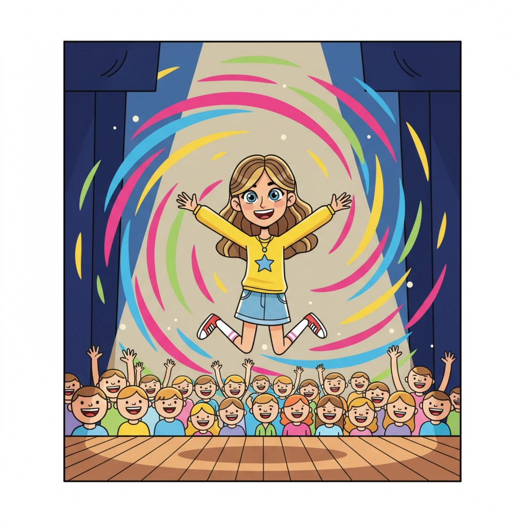 A flashback scene shows Francesca on a grand stage, bathed in a magical spotlight during her big show. She leaps mid-air, a wide, triumphant smile on her face, surrounded by a swirling kaleidoscope of colors and cheering, simplified cartoon faces in the audience, truly capturing a dream-like moment.