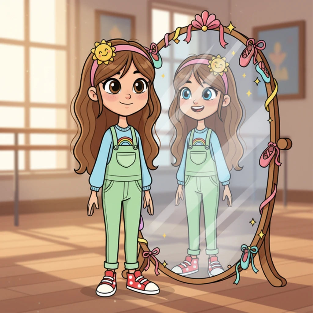 After practice, Francesca gazes at her reflection in the studio mirror, her expression a mix of contentment and determination. Her reflection, a slightly more confident version of herself, smiles back, affirming her deep love and passion for every twirl and leap. The mirror frame is playfully decorated with dance shoes.