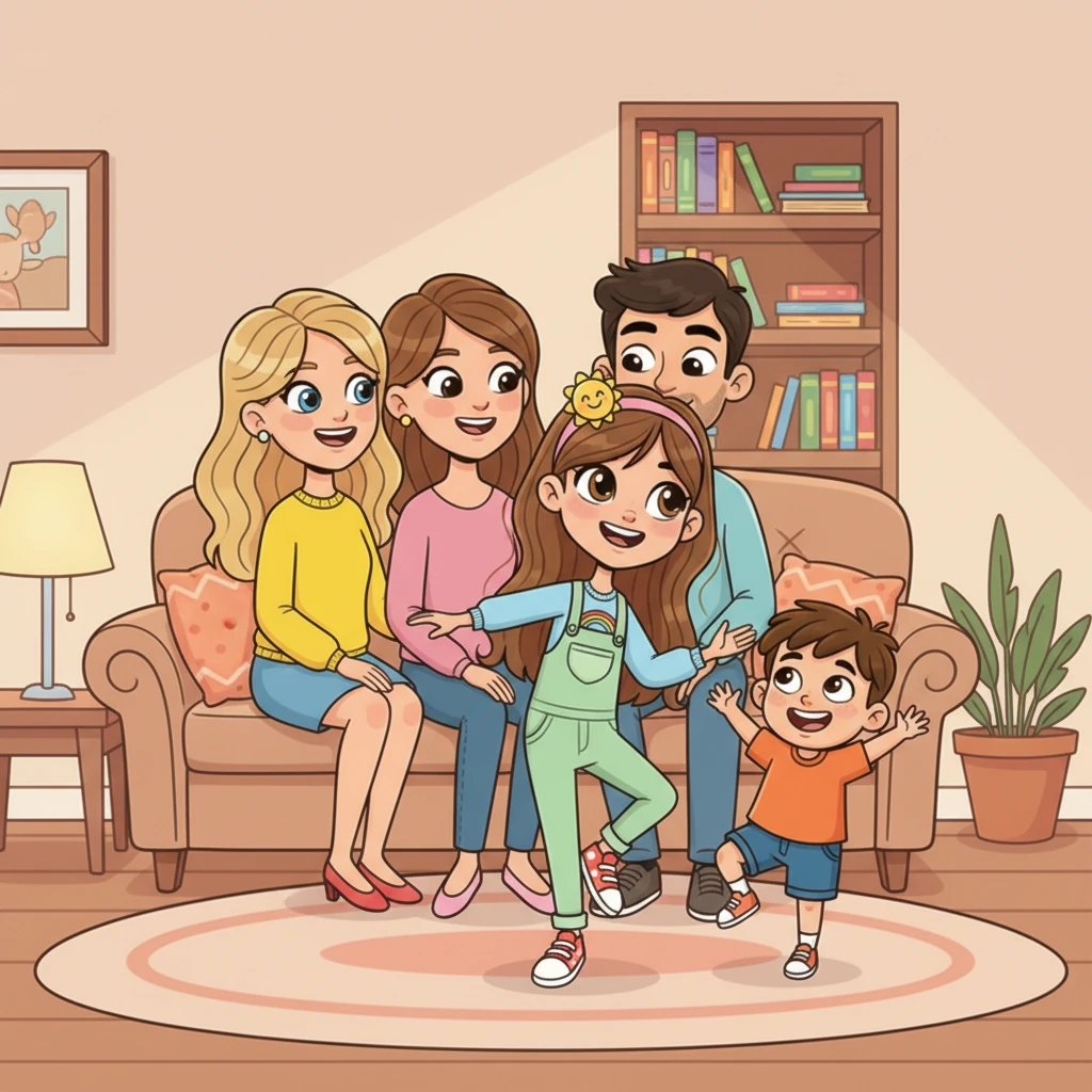 Back home, Francesca demonstrates a simple dance step for her little brother, Leo, who tries to comically mimic her with exaggerated, wobbly movements. Stacy and their parents watch from the sofa, laughing gently, enveloped in the warm, loving atmosphere of their living room.