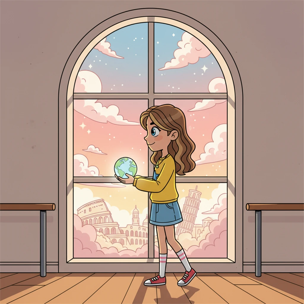 Francesca stands silhouetted against a large window, looking out at a bright, hopeful sky. She holds a small, imaginary globe, dreaming of future performances and perhaps even dancing in Italy. Her eyes sparkle with big dreams, ready for all the amazing adventures her passion will bring.