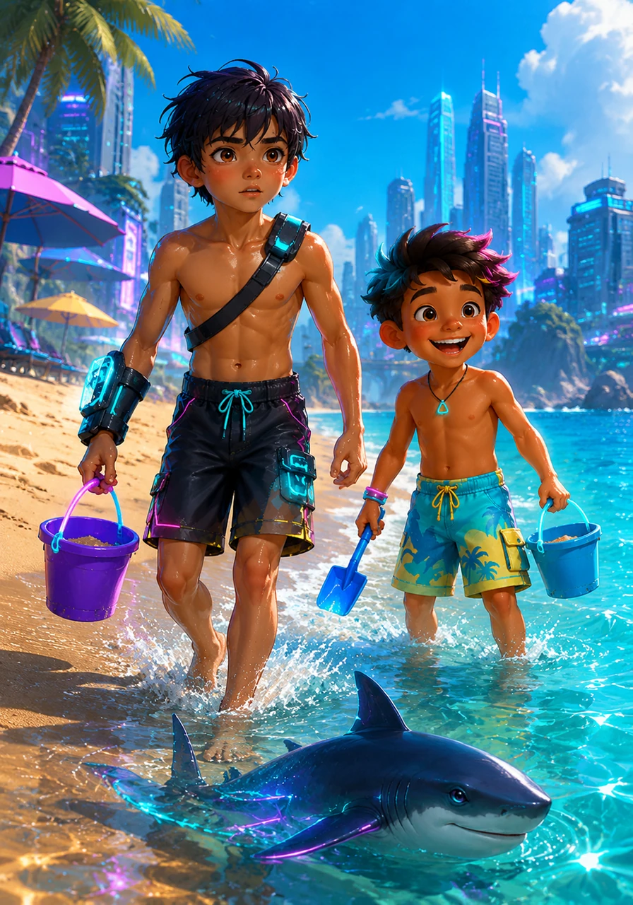 Leo and his little brother, Toby, arrive at a sun-drenched beach where the golden sand meets the sparkling turquoise water. They carry their buckets and spades, ready for a perfect day of play under the bright blue sky.