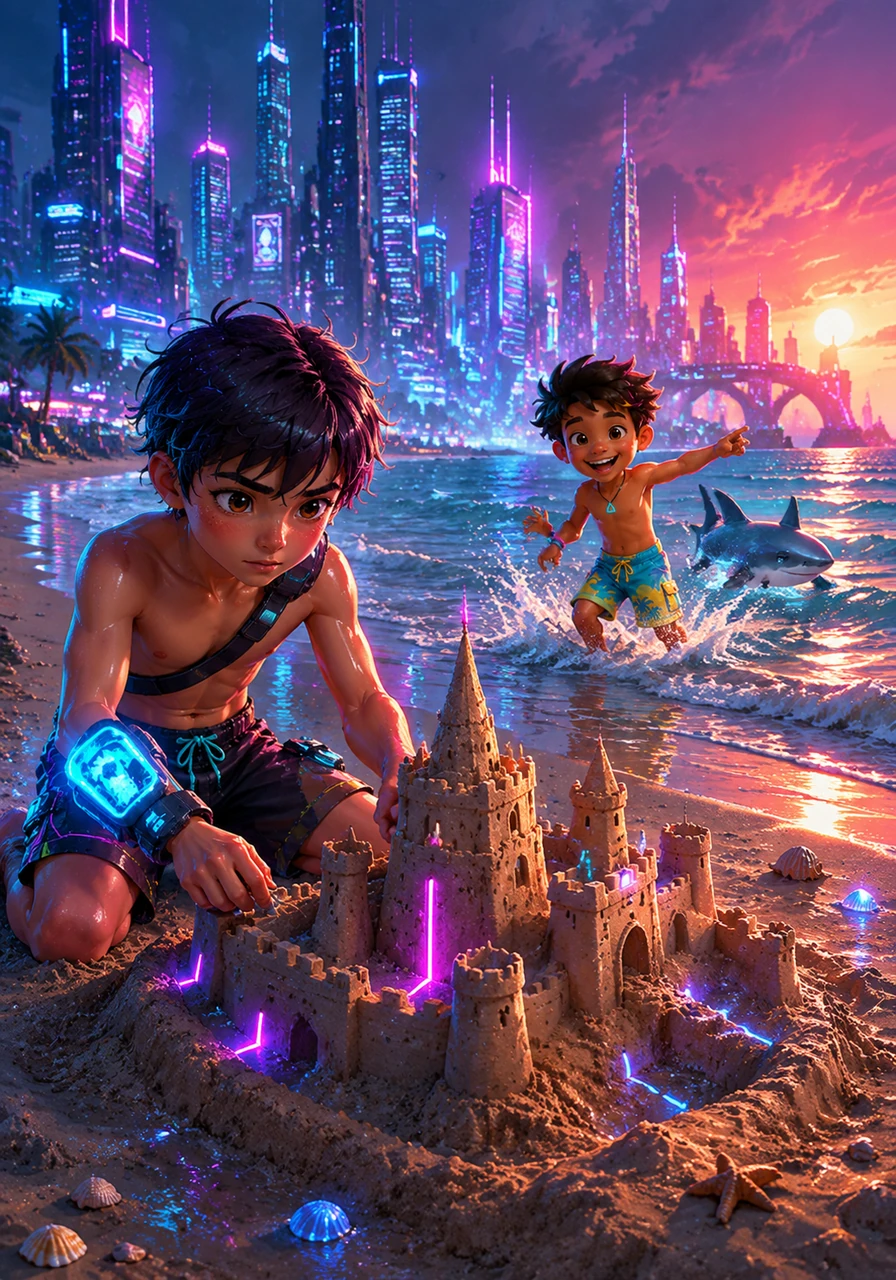 While Leo is busy building a magnificent sandcastle, Toby splashes happily in the gentle tide. The rhythmic sound of the waves masks the quiet distance growing between the two brothers.