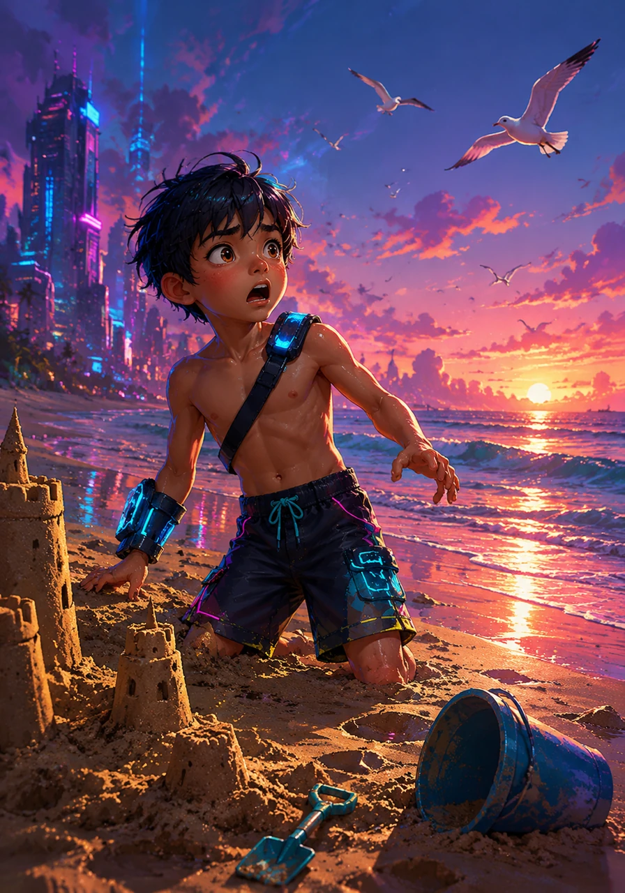 Leo looks up from his sandy towers and realizes with a jolt of fear that the shoreline is empty. He calls out Toby's name, but only the sound of seagulls answers him as he scans the vast, shimmering horizon.