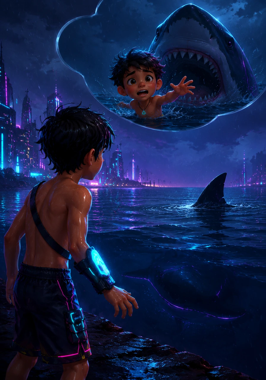 Suddenly, Leo spots a dark, triangular fin cutting through the surface of the deep water. His heart races with terror as he imagines a hungry shark circling the very spot where his brother was last seen.