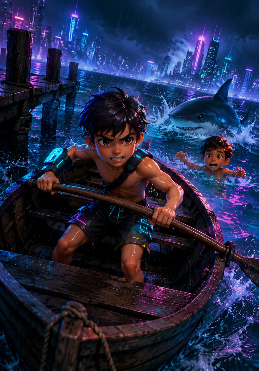 Determined to save Toby, Leo spots an old wooden rowboat tied to a nearby pier. He scrambles inside and grabs the heavy oars, pushing off into the rolling waves with all the strength he can muster.