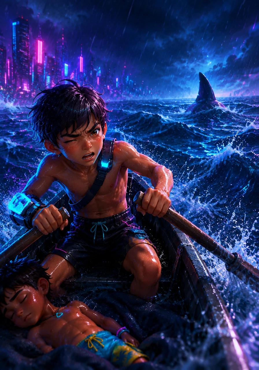 Leo rows desperately toward the mysterious fin, his eyes stinging from the salt spray and his breath coming in short gasps. The ocean feels immense and powerful, but his love for his brother keeps him moving forward.