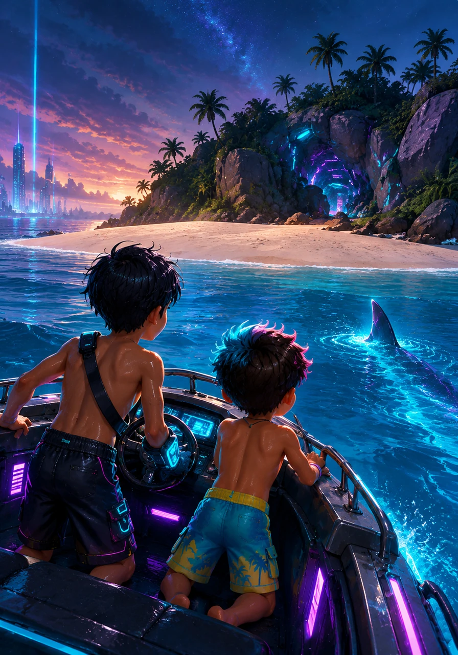 The shark's fin leads Leo toward a hidden, rocky island tucked away behind a large sandbar. As the boat glides closer to the shore, Leo's fear begins to turn into a flicker of hope.