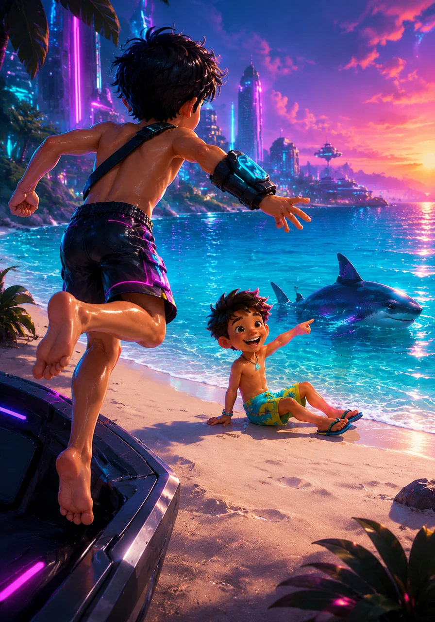 Leo leaps from the boat onto the soft white sand of the island and sees Toby sitting safely by the water's edge. Toby is laughing and pointing at the sea, completely unharmed and seemingly enjoying a grand adventure.