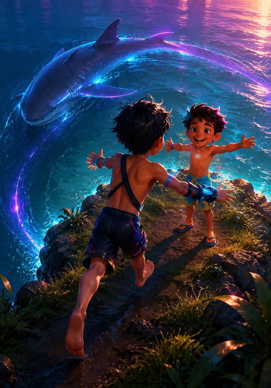 As Leo rushes to embrace his brother, he looks back at the water and sees the large shark swimming in a gentle, protective circle around the island. He realizes the creature wasn't a hunter, but a guardian that had guided Toby to safety.