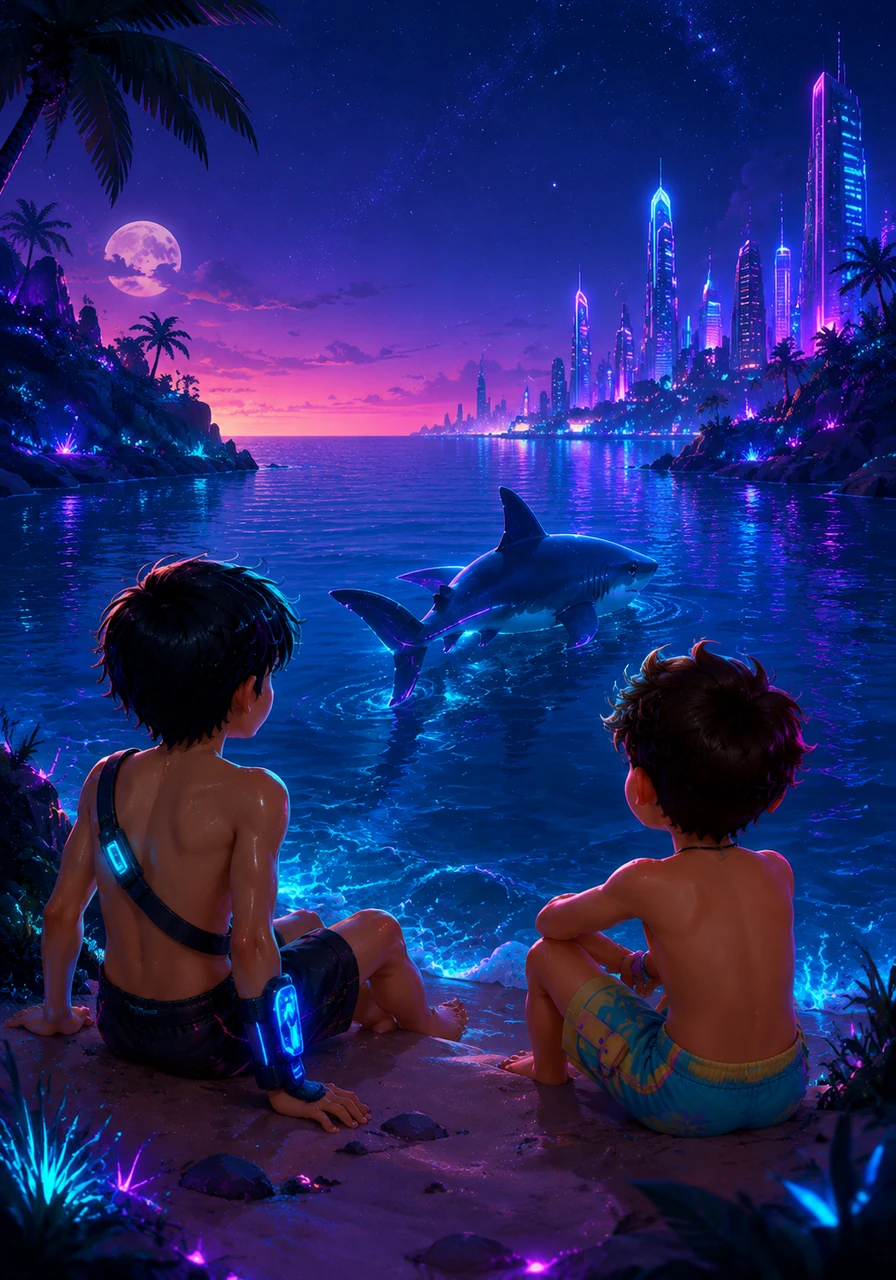 Leo and Toby sit together on the island, watching their finned friend swim peacefully back into the deep blue. They realize that sometimes the things we fear most can turn out to be our greatest protectors.