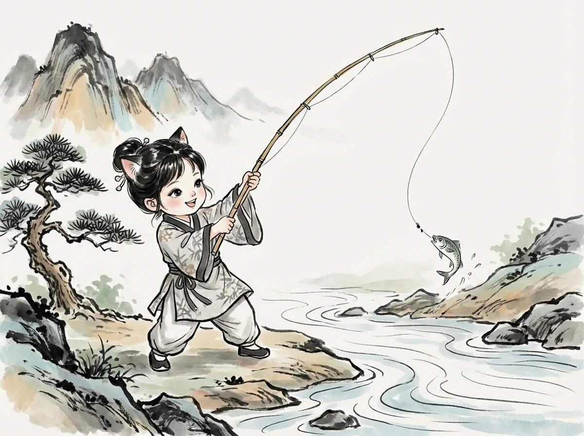 咪咪坐在池塘边，学着爷爷的样子，认真地把鱼线甩进水里。它眼睛一眨不眨地盯着水面，希望有鱼儿上钩。时间一分一秒地过去，咪咪开始觉得无聊了，它一会儿看看蝴蝶，一会儿抓抓尾巴，心思完全不在钓鱼上。