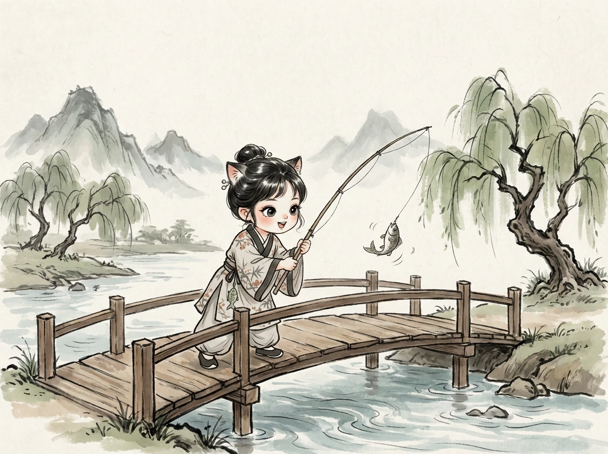 就在咪咪快要放弃的时候，鱼竿突然动了一下！咪咪兴奋地抓住鱼竿，用力往上拉。哇！它钓上来一只可爱的小青蛙！虽然不是鱼，咪咪还是很高兴，它把小青蛙放回池塘，决定明天再来试试。