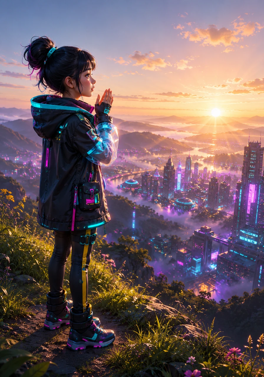 Paula stands alone on a quiet hill, watching the golden sun rise over a sleeping world. She whispers a soft wish for harmony to the morning breeze, starting her journey to find others who share her dream.