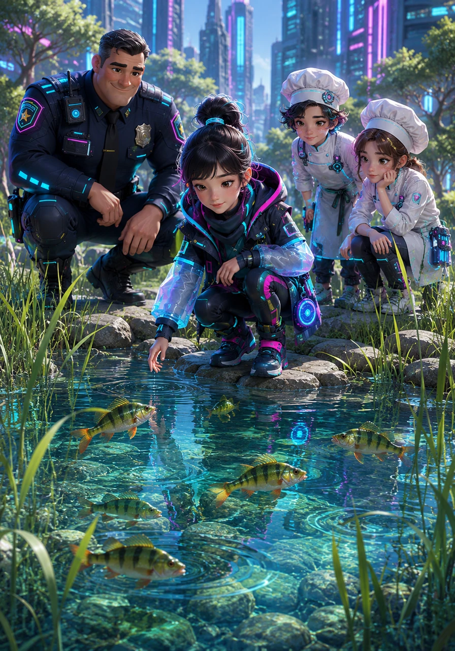 By the clear blue pond, several perch glide silently through the reeds, creating small ripples on the surface. Paula watches them move in perfect rhythm, finding peace in the cool, still water.