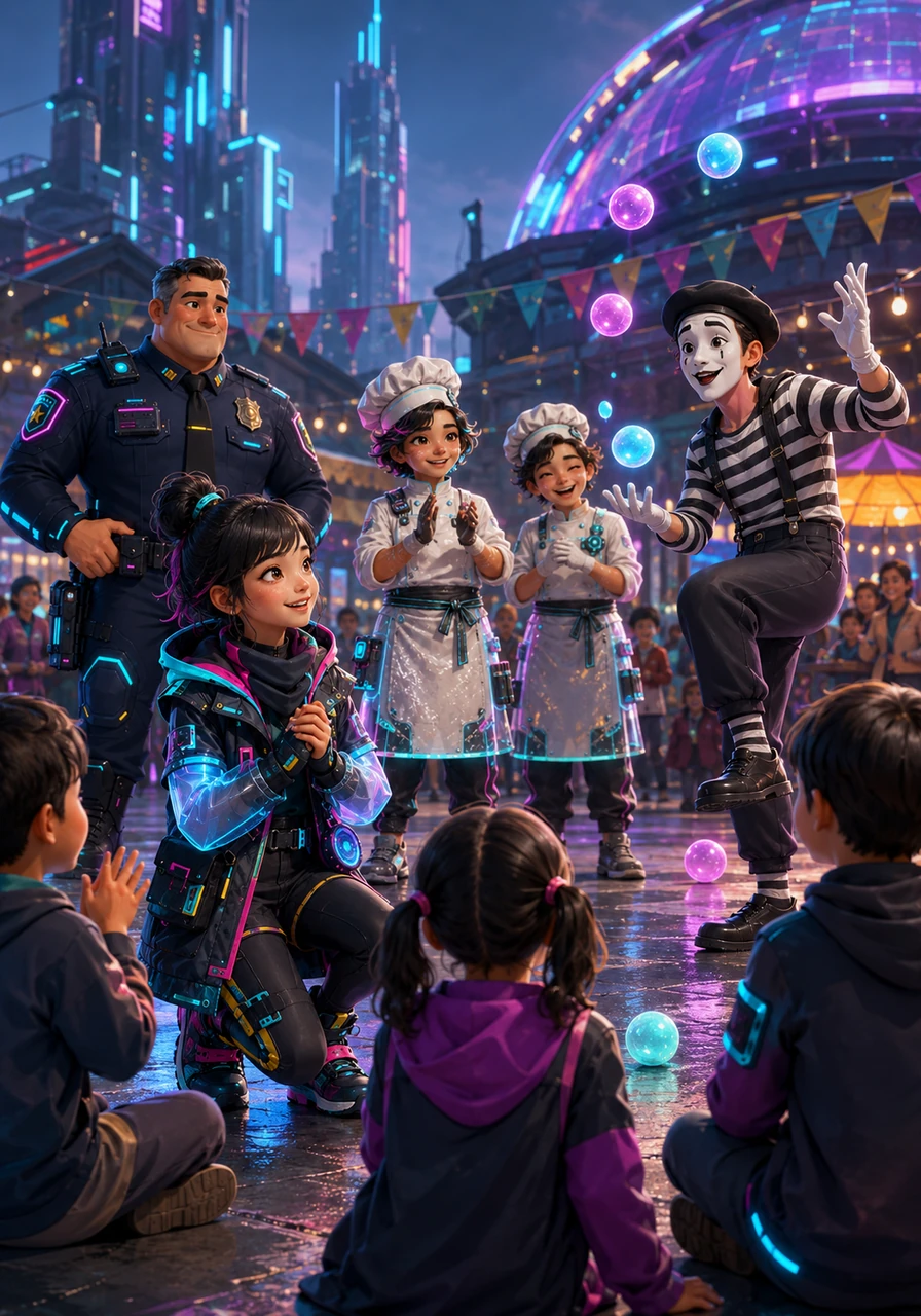 In the town square, colorful pantomimes and performers make the children laugh with their silent, joyful play. Paula smiles, seeing how laughter and art can bring people together in a spirit of kindness and peace.