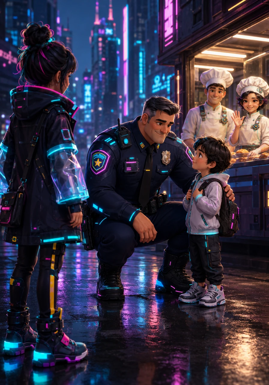 As she walks through the streets, Paula sees a police officer helping a lost child find their way home. It is a reminder that protection and care are essential parts of a peaceful and safe community.