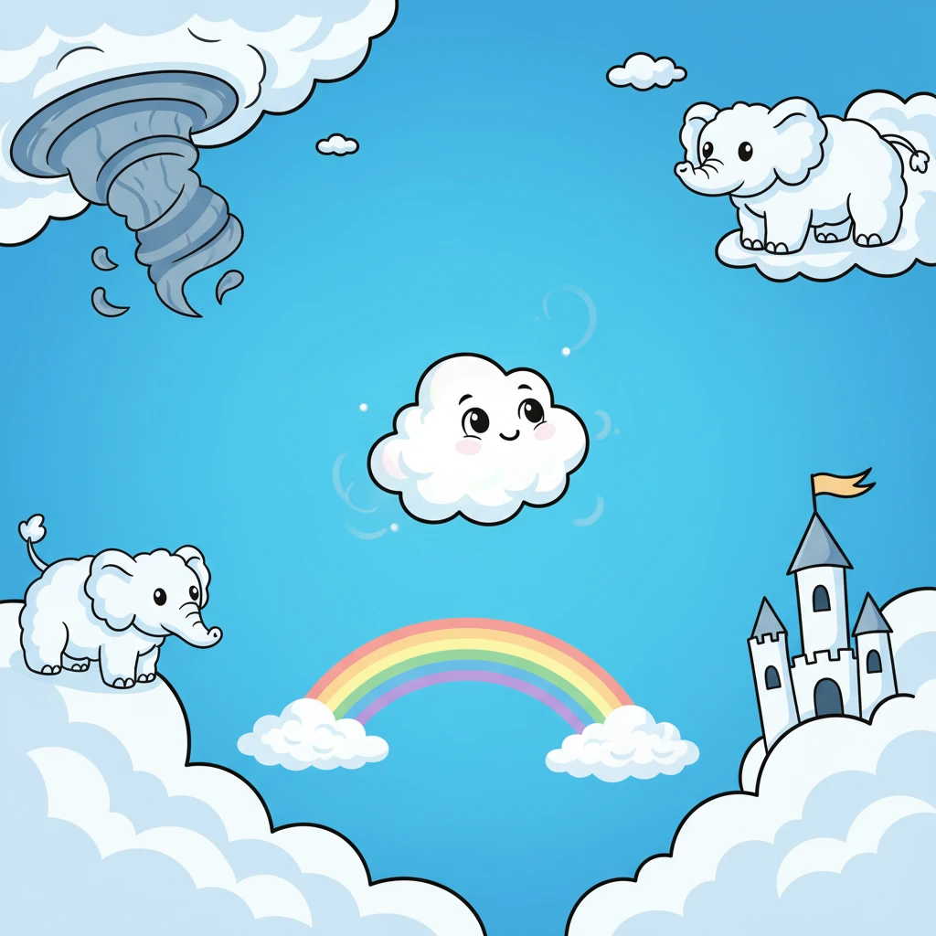 Nimbus, a tiny, puffy cloud, drifted lazily across the vast blue sky. He watched bigger clouds create grand storms and fluffy shapes, but Nimbus dreamed of something more colorful. He wished his fluffy white self could hold all the beautiful shades of the world.