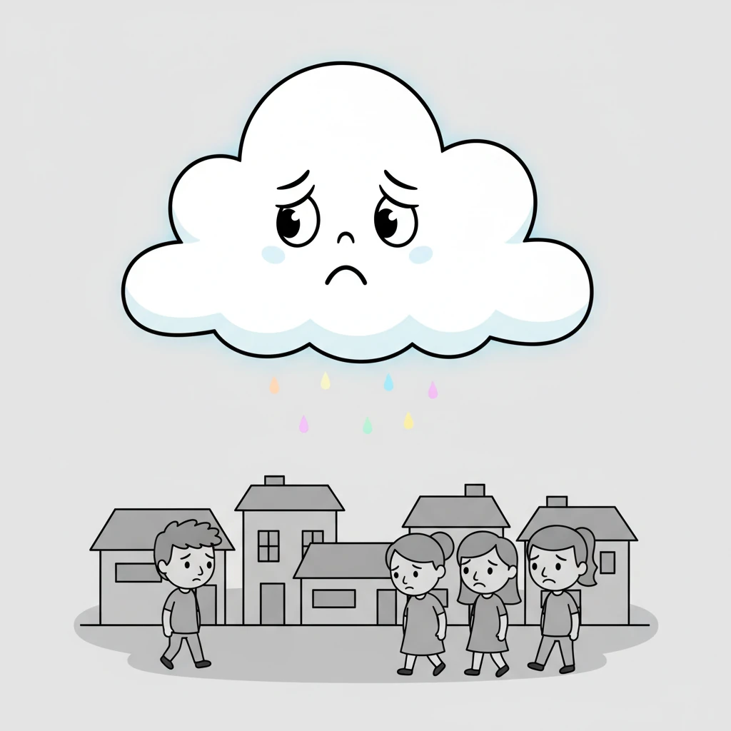 One morning, Nimbus floated over a small, grey town where everything looked a bit sad and dull. The houses were plain, the streets were monochrome, and even the people seemed to have lost their spark. Nimbus felt a pang in his fluffy heart, wishing he could brighten their day.