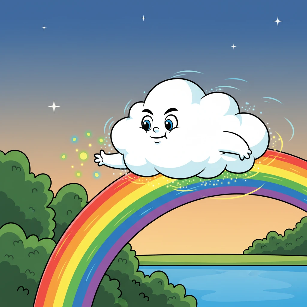 Determined, Nimbus puffed up with courage and began a grand adventure. He gently dipped into a vibrant rainbow, collecting shimmering streaks of red, orange, and yellow. He then carefully absorbed the soft blues from a distant lake and the brilliant greens from a lush forest, even catching the sparkle of fireflies at dusk.