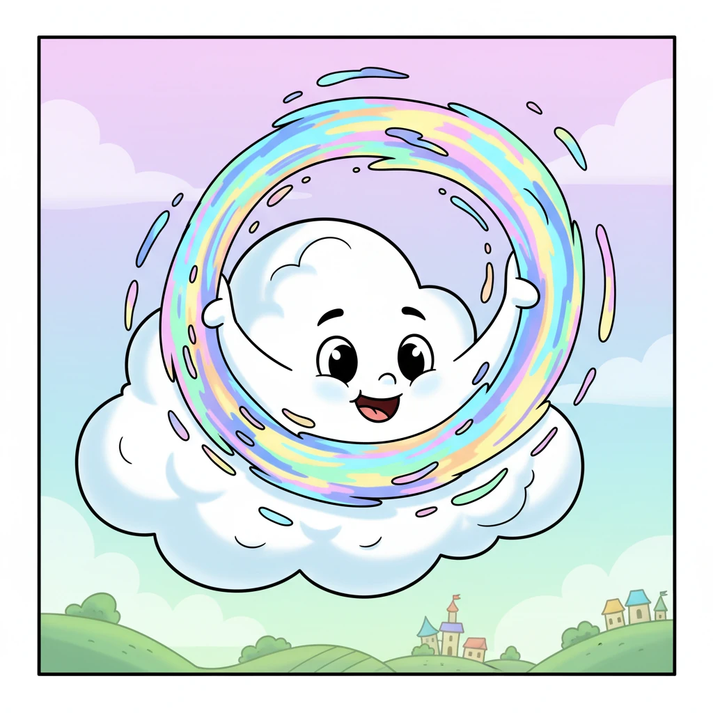 Back in the sky, Nimbus meticulously swirled the collected hues onto his soft, cloud body. He looked like a living, breathing artist's palette, glowing with a thousand different shades. Each color blended smoothly into the next, creating a magical, swirling masterpiece.