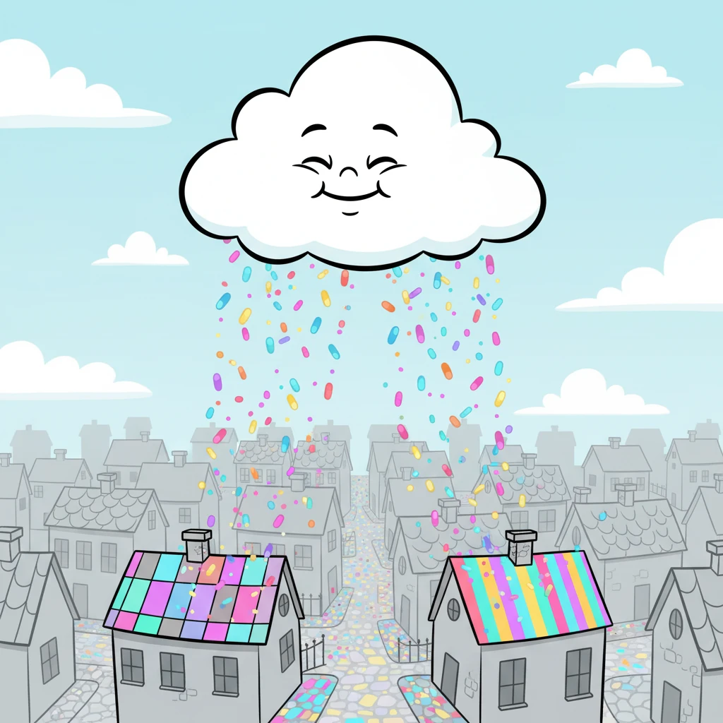 With a deep breath, Nimbus drifted directly over the sleepy grey town. He began to release his colorful magic, not as rain, but as a gentle shower of sparkling, jewel-toned sprinkles. The drab rooftops and plain pavements instantly transformed, bursting with joyous color.