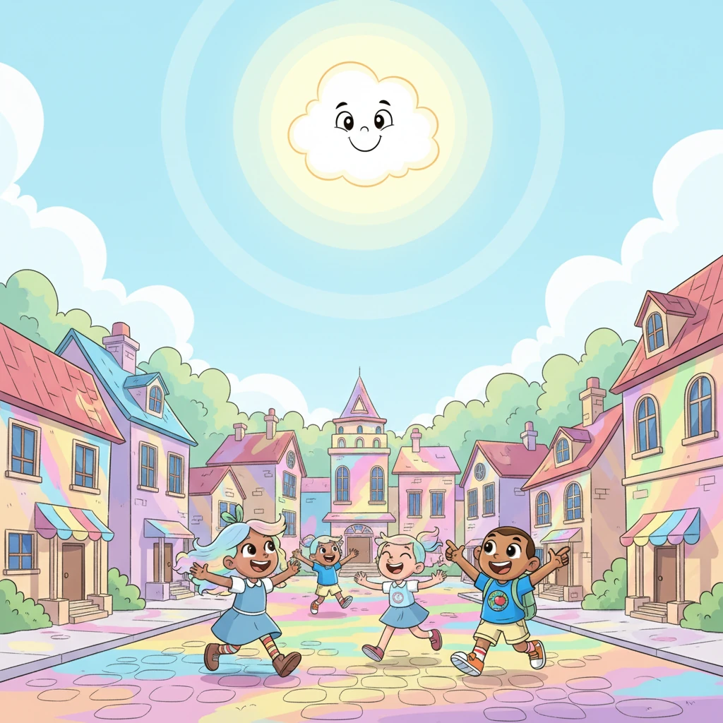 The townspeople emerged from their homes, gasping in delightful surprise as their world turned into a vibrant carnival of hues. Children pointed and laughed, running through the colorful streets. Nimbus, high above, glowed with happiness, knowing his dream had brought so much cheer to the world below.