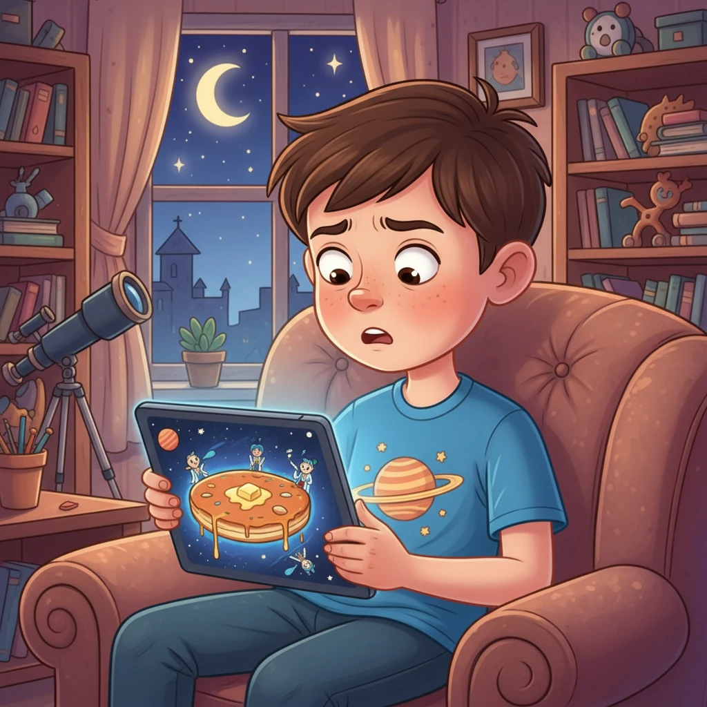 Одного дня Максимко, з футболкою з планетою, гортав стрічку в соцмережі. Його погляд зупинився на заголовку: «Земля — це млинець! Вчені брешуть!» Максимко нахмурився, здивовано дивлячись на картинку плоскої Землі.