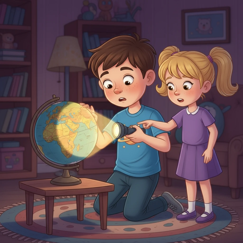 Вони вирушили в домашній експеримент. Максимко засвітив ліхтариком на глобус. Софія пояснила, що коли світло падає на одну частину Землі — там день, а з іншого боку — ніч, бо Земля обертається.