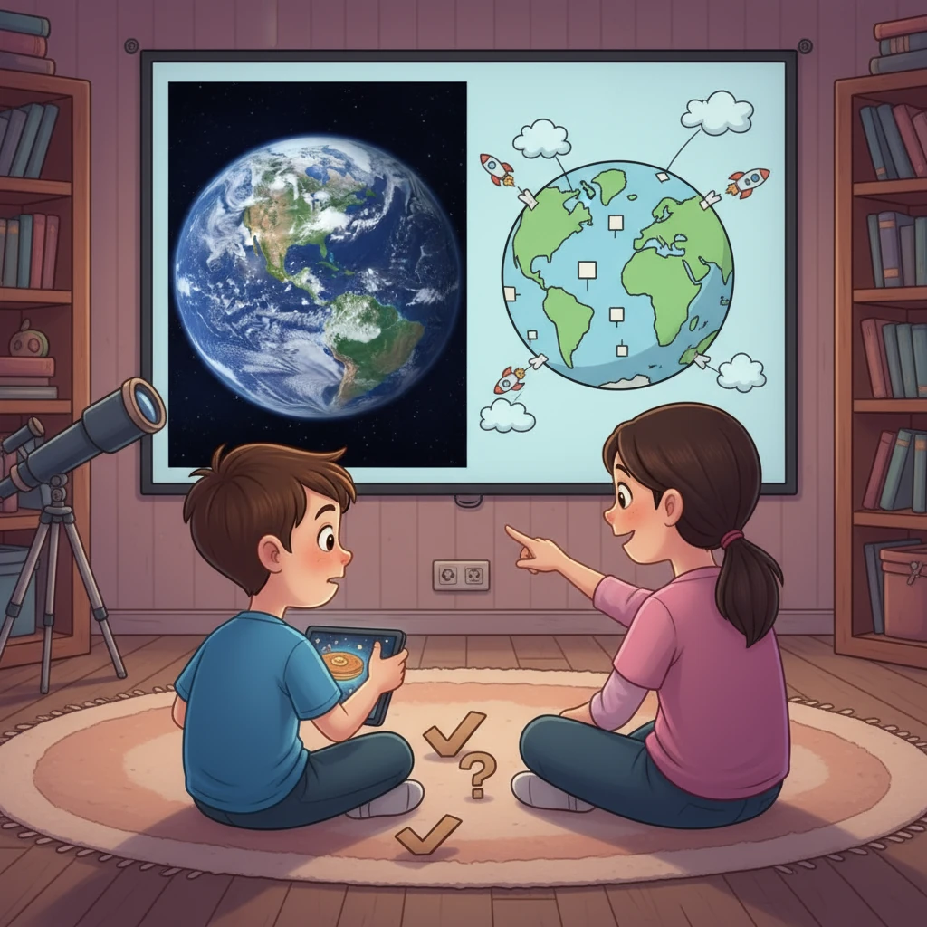 Наступна зупинка – порівняння зображень. Софія показала справжні фото Землі з космосу та фейкову картинку. Максимко грав у гру «Знайди фейки», що було весело та корисно для розвитку критичного мислення.