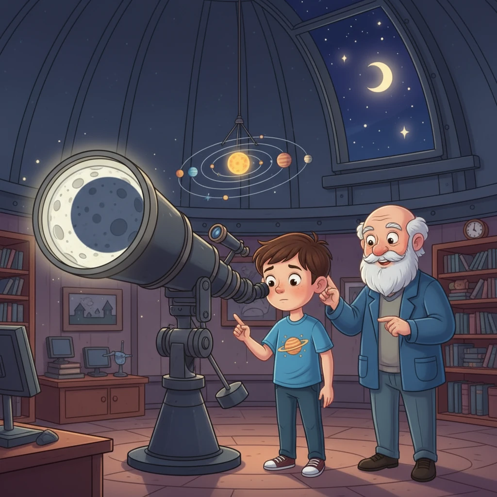 Далі вони вирушили до обсерваторії. Астроном показав модель Сонячної системи та телескоп. Максимко подивився на Місяць і побачив тінь Землі, яка була круглою.