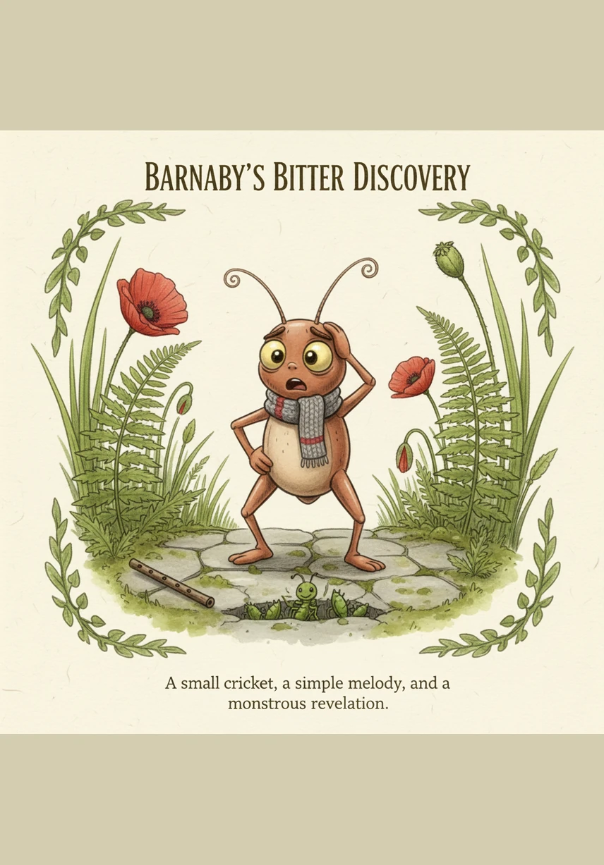 Barnaby the clay cricket wakes up in his cozy mossy bed, ready for the Great Garden Concert. He reaches for his tiny wooden fiddle on the shelf, but his heart sinks when he realizes it is missing. He looks everywhere, from the soft clover patches to the underside of the broad hosta leaves, but the fiddle is nowhere to be found.