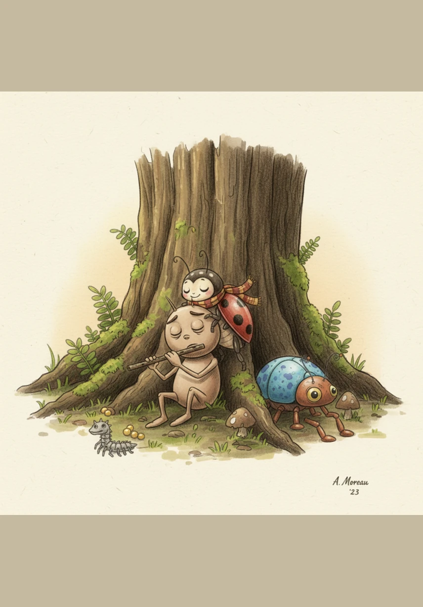 While resting near the roots of an ancient oak tree, Barnaby spots a slender, hollow twig lying in the dirt. He picks it up with his delicate hands, feeling the rough texture of the bark. An idea begins to form in his mind as he examines the tiny natural holes in the wood.