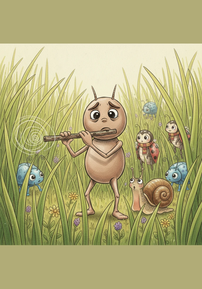 Barnaby brings the twig to his lips and blows a gentle breath of air into the opening. A soft, clear whistle echoes through the tall grass, startling a nearby snail. It isn't the sharp chirp of a fiddle, but a mellow, haunting sound that feels like the wind.