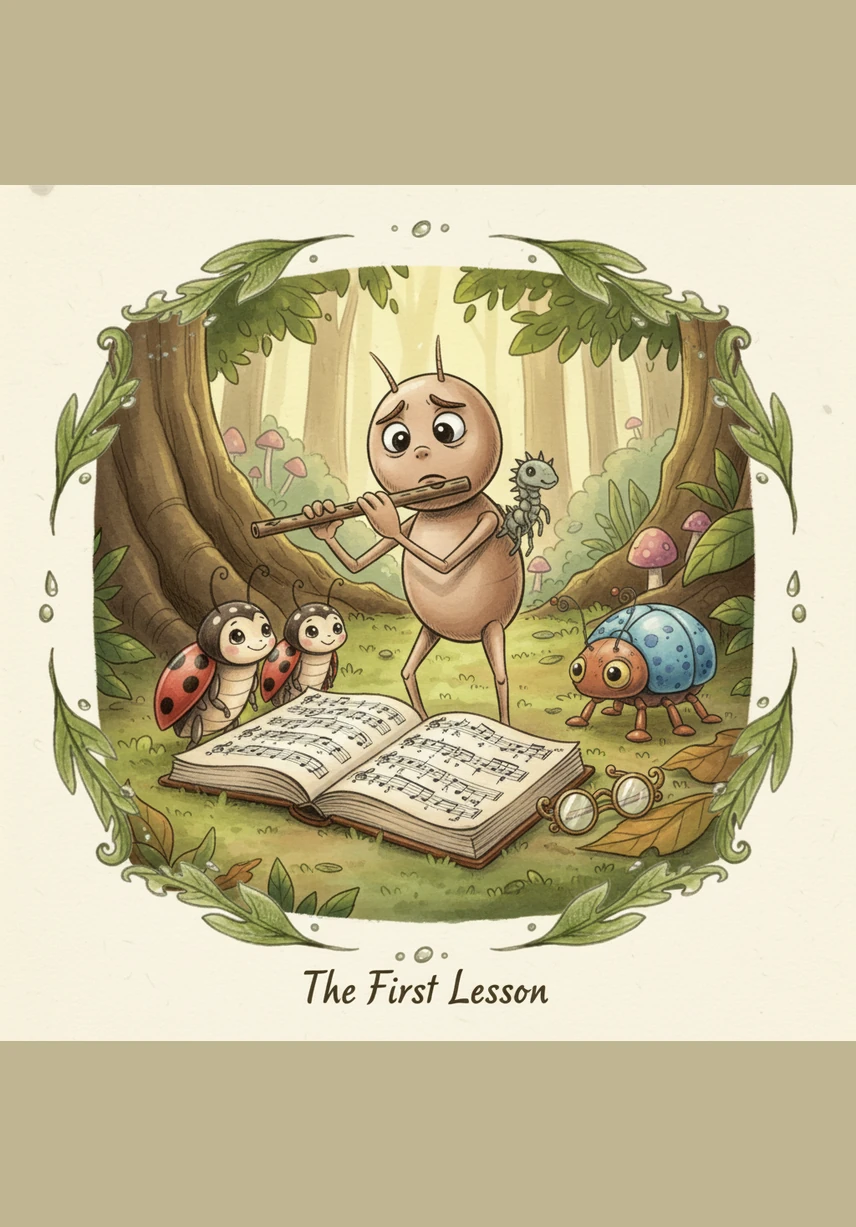 He spends the entire afternoon practicing behind a large red toadstool, learning how to move his fingers to change the pitch. The worry on his face slowly transforms into a look of wonder and discovery. He realizes that this humble twig can sing a song all its own.